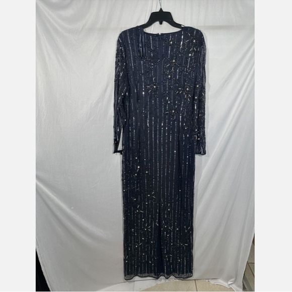 NWT $598 Mac Duggal [ 16 ] Embellished High Neck Long Sleeve Gown Blue‎ - Picture 12 of 15